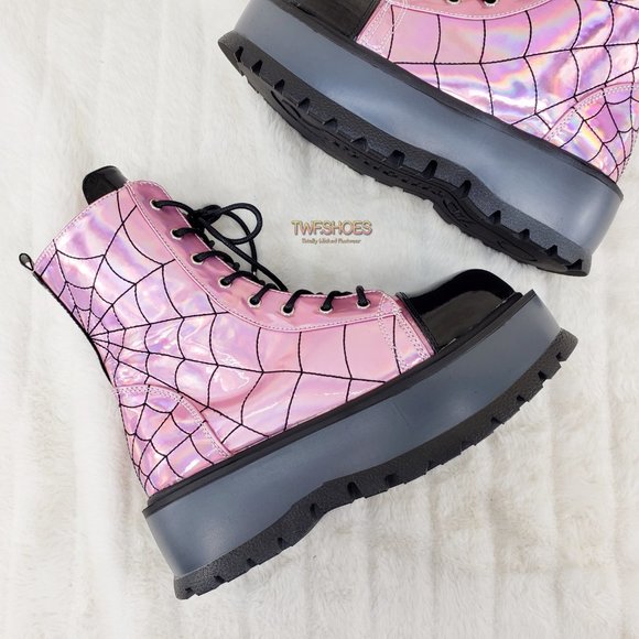 Pink Hologram Platform Spider Web Ankle Boots Punk Rave Festival Slacker - Picture 3 of 12